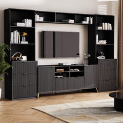 4 Piece Entertainment Wall Unit With 13 Shelves, 8 Drawers And 2 Cabinets, Multifunctional TV Stand Media Storage Cabinet With Fluted Line Surface For Living Room, For TVs Up To 70" - Black