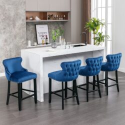 Contemporary Velvet Upholstered Wing-Back Barstools With Button Tufted Decoration And Wooden Legs, And Chrome Nailhead Trim, Leisure Style Bar Chairs, Bar Stools (Set of 4) - Blue