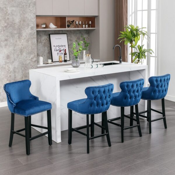 Contemporary Velvet Upholstered Wing-Back Barstools With Button Tufted Decoration And Wooden Legs, And Chrome Nailhead Trim, Leisure Style Bar Chairs, Bar Stools (Set of 4) - Blue