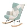 Accent Rocking Chair, Mid-Century Fabric Rocker Chair With Wood Legs And Patchwork Linen For Livingroom Bedroom - Blue - Image 4