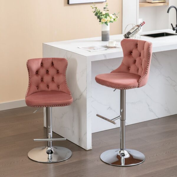 Swivel Velvet Barstools Adjusatble Seat Height From 25-33", Modern Upholstered Chrome Base Bar Stools With Backs Comfortable Tufted For Home Pub And Kitchen Island 1712Pk (Set of 2) - Pink