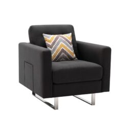 Victoria - Linen Fabric Armchair With Metal Legs, Side Pockets, And Pillow - Dark Gray