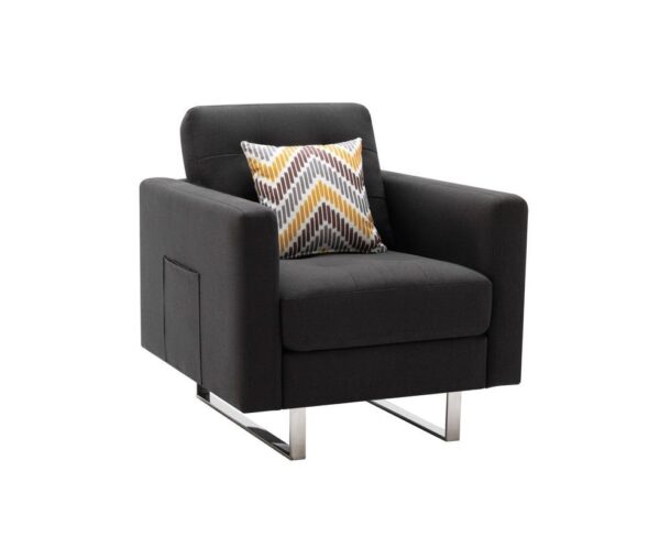 Victoria - Linen Fabric Armchair With Metal Legs, Side Pockets, And Pillow - Dark Gray