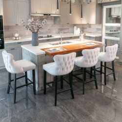 Contemporary Velvet Upholstered Wing-Back Barstools With Button Tufted Decoration And Wooden Legs, And Chrome Nailhead Trim, Leisure Style Bar Chairs, Bar Stools (Set of 4) - Beige