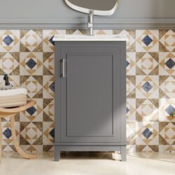 Modern Small Bathroom Vanity Cabinet With Ceramic Basin, Ample Storage, 1 Soft-Close Door - Gray