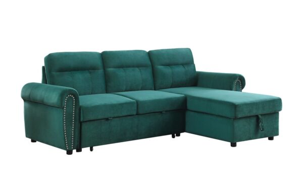 Ashton - Velvet Fabric Reversible Sleeper Sectional Sofa Chaise - Green