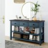 Retro Design Console Table With Two Open Shelves, Pine Frame And Legs For Living Room - Navy - Image 13