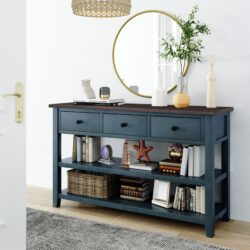 Retro Design Console Table With Two Open Shelves, Pine Frame And Legs For Living Room - Navy