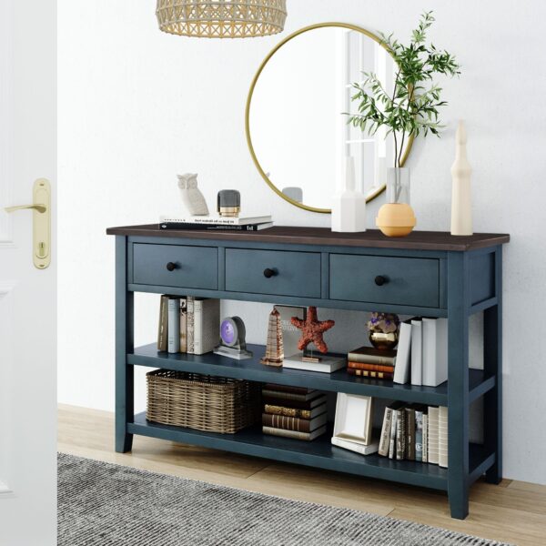 Retro Design Console Table With Two Open Shelves, Pine Frame And Legs For Living Room - Navy