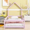 Twin Size Wood Bed With House-Shaped Headboard Floor Bed With Fences - Pink - Image 2