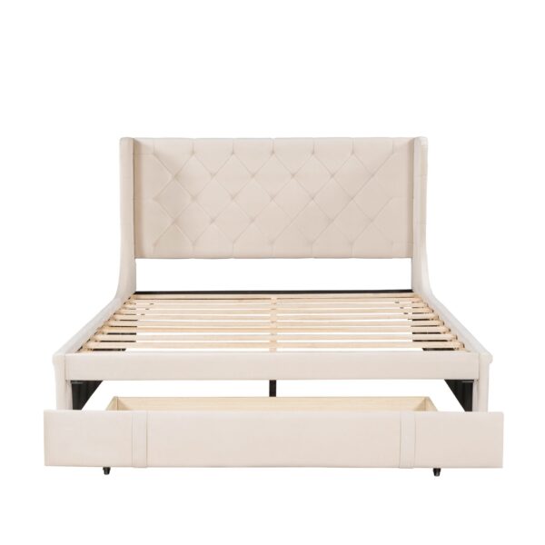 Queen Size Storage Upholstered Platform Bed With Wingback Headboard And A Big Drawer - Beige