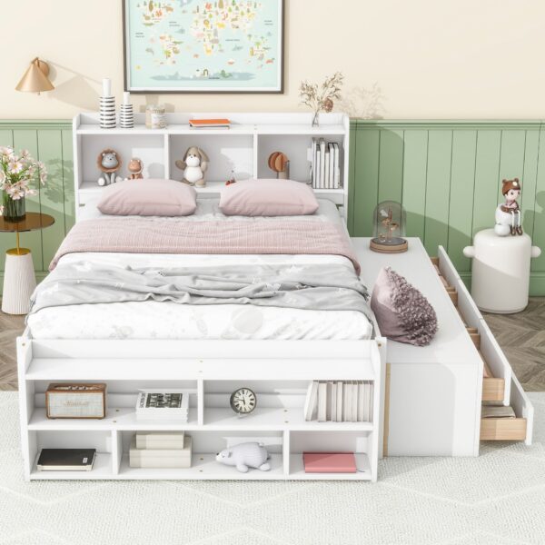 Full Bed With Bookcase Headboard, Under Bed Storage Drawers And Bed End Storage Case - White