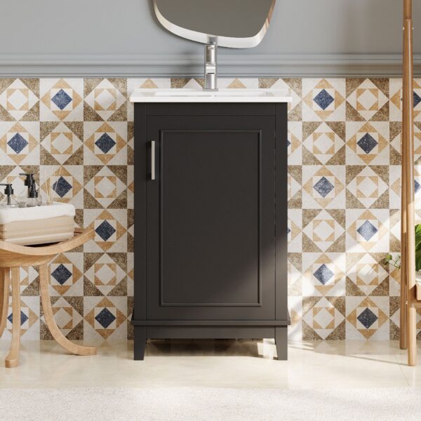 Modern Small Bathroom Vanity Cabinet With Ceramic Basin, Ample Storage, 1 Soft Close Door - Black