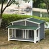 Large Wooden Dog House Outdoor / Indoor Dog Crate, Cabin Style, With Porch, 2 Doors - Gray / Green - Image 6