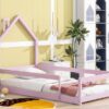 Twin Size Wood Bed With House-Shaped Headboard Floor Bed With Fences - Pink - Image 6
