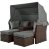 2 Seater Outdoor Patio Daybed Outdoor Double Daybed Outdoor Loveseat Sofa Set With Foldable Awning And Cushions For Garden, Balcony, Poolside - Gray - Image 10