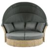 Outdoor Patio Daybed Wicker Rattan Double Daybed Round Sofa Furniture Set With Retractable Canopy, 4 Pillows For Lawn Garden Backyard Porch Pool - Gray - Image 8