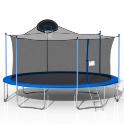 Trampoline For Adults & Kids With Basketball Hoop, Outdoor Trampolines With Ladder And Safety Enclosure Net For Kids And Adults - Blue