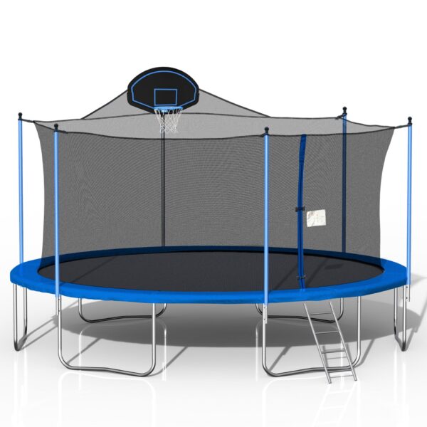 Trampoline For Adults & Kids With Basketball Hoop, Outdoor Trampolines With Ladder And Safety Enclosure Net For Kids And Adults - Blue