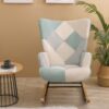 Accent Rocking Chair, Mid-Century Fabric Rocker Chair With Wood Legs And Patchwork Linen For Livingroom Bedroom - Blue - Image 3