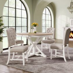 Functional Furniture Retro Style Dining Table Set With Extendable Table And 4 Upholstered Chairs For Dining Room And Living Room - Natural / Off White