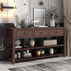 Retro Design Console Table With Two Open Shelves, Pine Frame And Legs For Living Room - Espresso