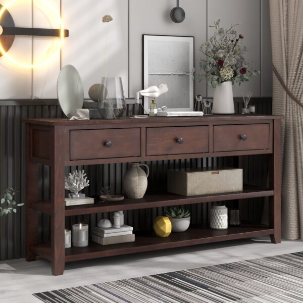 Retro Design Console Table With Two Open Shelves, Pine Frame And Legs For Living Room - Espresso