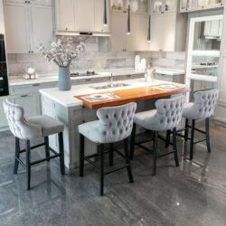 Contemporary Velvet Upholstered Wing-Back Barstools With Button Tufted Decoration And Wooden Legs, And Chrome Nailhead Trim, Leisure Style Bar Chairs, Bar Stools (Set of 4) - Gray