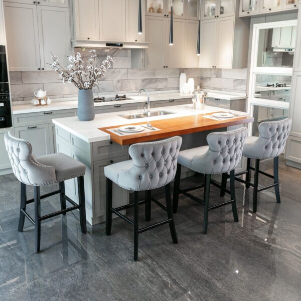 Contemporary Velvet Upholstered Wing-Back Barstools With Button Tufted Decoration And Wooden Legs, And Chrome Nailhead Trim, Leisure Style Bar Chairs, Bar Stools (Set of 4) - Gray