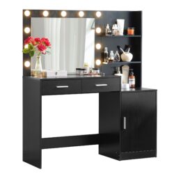 Vanity Desk With Mirror And Lights, 46.4In Dressing Table With 2 Large Drawer & Large Vertical Organizer, 3 Level Dresser & 3 Lighting Modes Adjustable Brightness, Suitable For Bedroom - Black