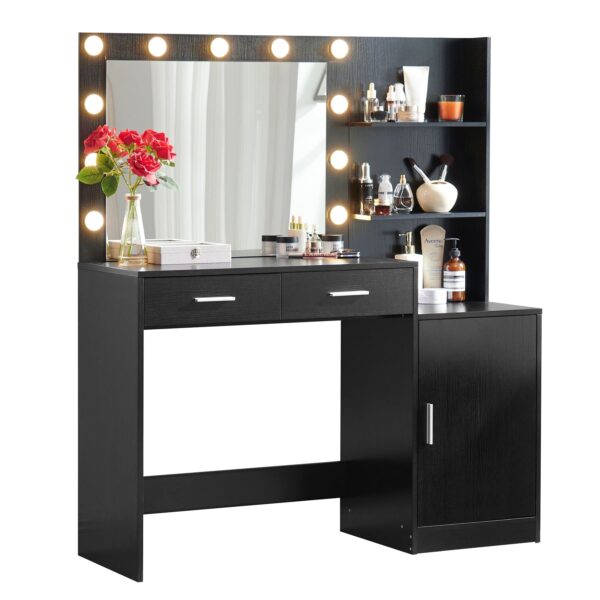 Vanity Desk With Mirror And Lights, 46.4In Dressing Table With 2 Large Drawer & Large Vertical Organizer, 3 Level Dresser & 3 Lighting Modes Adjustable Brightness, Suitable For Bedroom - Black