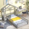 Twin Size House-Style Headboard Floor Bed With Fence Guardrails Without Cushion - Gray - Image 3
