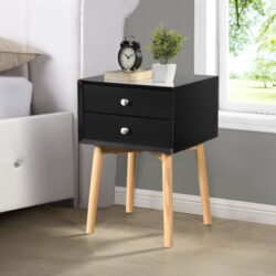 Side Table With 2 Drawer, Mid-Century Modern Storage Cabinet For Bedroom - Black
