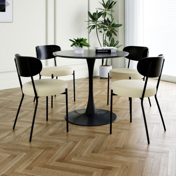 Modern Gray Simple Dining Chair Upholstered Chair Family Bedroom Stool Back Dressing, Black Round Table Set, Bentwood Covered With Ash Veneer Chair Back, Chair Metal Legs (Set of 5) - Black / Cream
