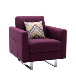 Victoria - Linen Fabric Armchair With Metal Legs, Side Pockets, And Pillow - Purple