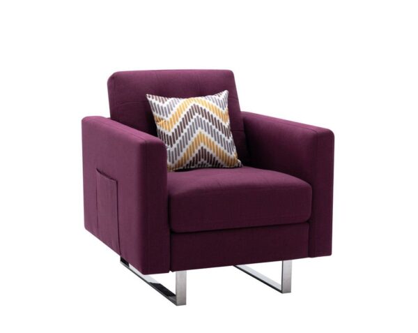 Victoria - Linen Fabric Armchair With Metal Legs, Side Pockets, And Pillow - Purple