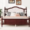 Queen Pine Wooden Bed With Upholstered Headboard And Panel Footboard, With Two Bed Rail Support Feet And Central Platform Support Feet, Classic - Cherry - Image 5