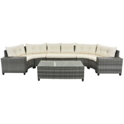 8 Pieces Outdoor Wicker Round Sofa Set, Half-Moon Sectional Sets All Weather, Curved Sofa Set With Rectangular Coffee Table, PE Rattan Water-Resistant And UV Protected, Movable Cushion - Beige
