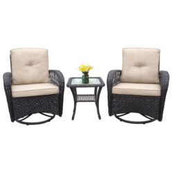 3 Piece Conversation Set, Outdoor Wicker Rocker Swivel Patio Bistro Set, Rocking Chair With Glass Top Side Table - Khaki / Brown