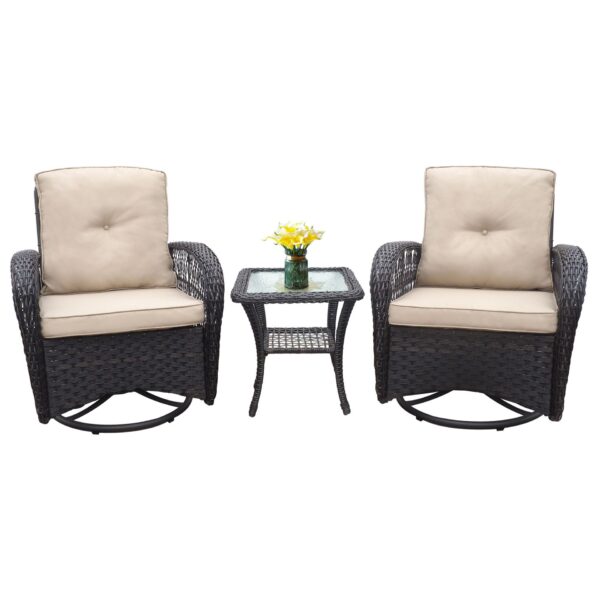 3 Piece Conversation Set, Outdoor Wicker Rocker Swivel Patio Bistro Set, Rocking Chair With Glass Top Side Table - Khaki / Brown