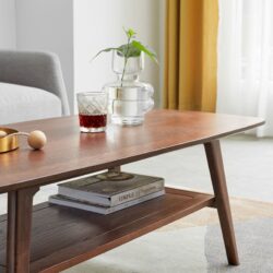 Center Table, Low Table, 100% Solid Oak Wood Top Plate Des, Coffee Table, Study Desk With Storage Shelf - Walnut