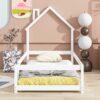 Twin Size Wood Bed With House-Shaped Headboard Floor Bed With Fences - White - Image 2