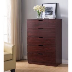 5 Drawer Bedroom Dresser, Home Chest Cabinet With Cut - Out Handles - Mahogany