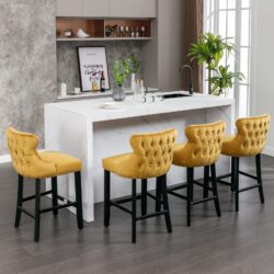 Contemporary Velvet Upholstered Wing-Back Barstools With Button Tufted Decoration And Wooden Legs, And Chrome Nailhead Trim, Leisure Style Bar Chairs, Bar Stools (Set of 4) - Gold