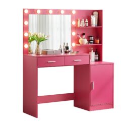 Vanity Desk With Mirror And Lights, 46.4In Dressing Table With 2 Large Drawer & Large Vertical Organizer, 3 Level Dresser & 3 Lighting Modes Adjustable Brightness, Suitable For Bedroom - Rose Pink