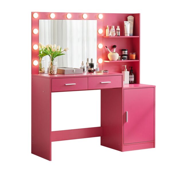 Vanity Desk With Mirror And Lights, 46.4In Dressing Table With 2 Large Drawer & Large Vertical Organizer, 3 Level Dresser & 3 Lighting Modes Adjustable Brightness, Suitable For Bedroom - Rose Pink