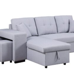 Dennis - Linen Fabric Reversible Sleeper Sectional With Storage Chaise And 2 Stools - Light Gray