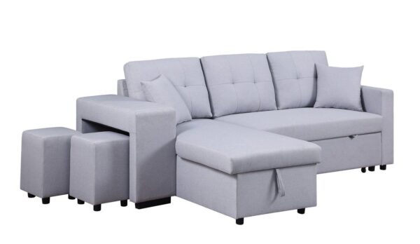 Dennis - Linen Fabric Reversible Sleeper Sectional With Storage Chaise And 2 Stools - Light Gray