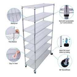 7 Tier Metal Shelf Wire Shelving Unit, 2450Lbs Heavy Duty Adjustable Storage Rack With Wheels & Shelf Liners For Closet Kitchen Garage Basement Commercial Shelving - Chrome