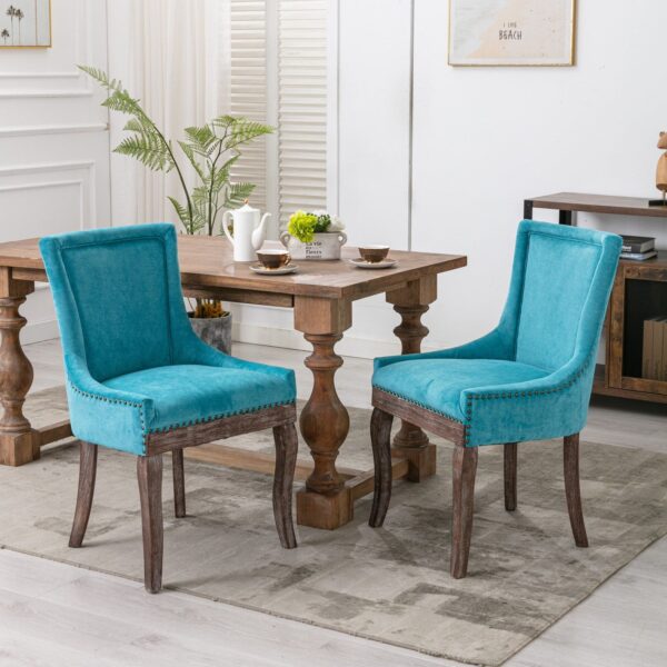 Ultra Side Dining Chair,Thickened Fabric Chairs With Neutrally Toned Solid Wood Legs, Bronze Nail Head (Set of 2) - Blue